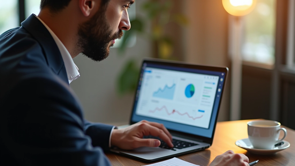 Propriétaire de boutique en ligne analysant les statistiques de ventes sur un tableau de bord avec graphiques ascendants