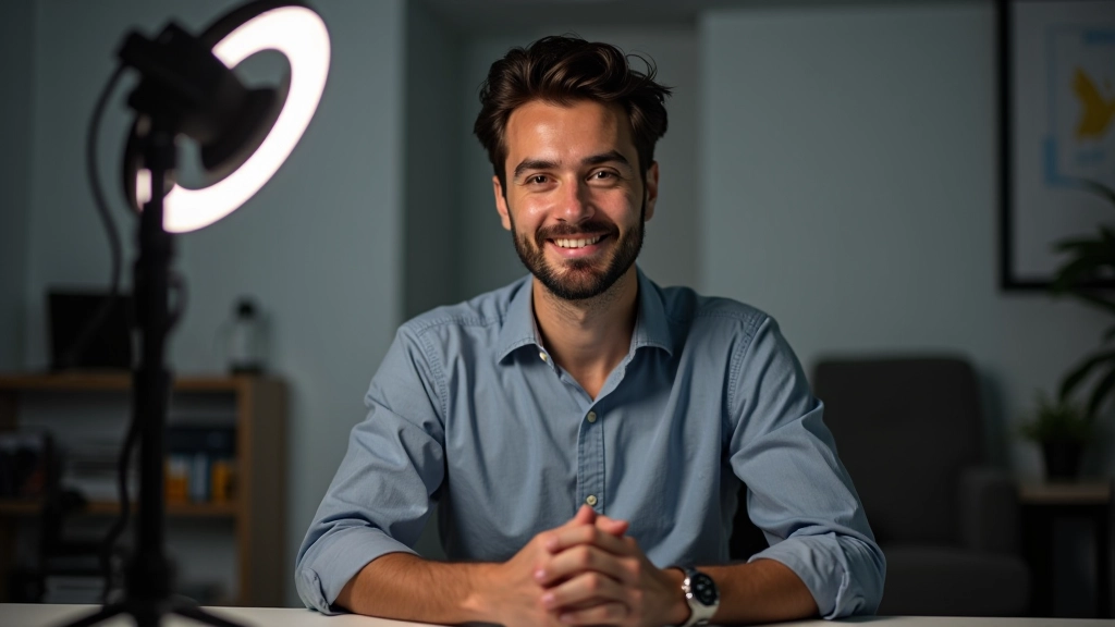 Créateur de contenu enregistrant une vidéo YouTube pour promouvoir un produit affilié dans un studio professionnel