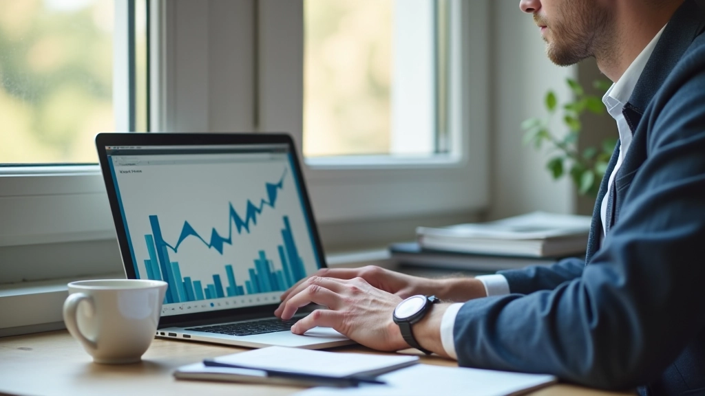 Entrepreneur travaillant sur ordinateur portable avec graphiques de croissance financière sur l'écran, café et documents à proximité